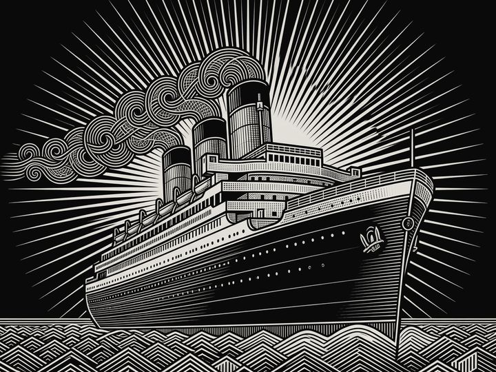 Engraved art deco ocean liner at full steam