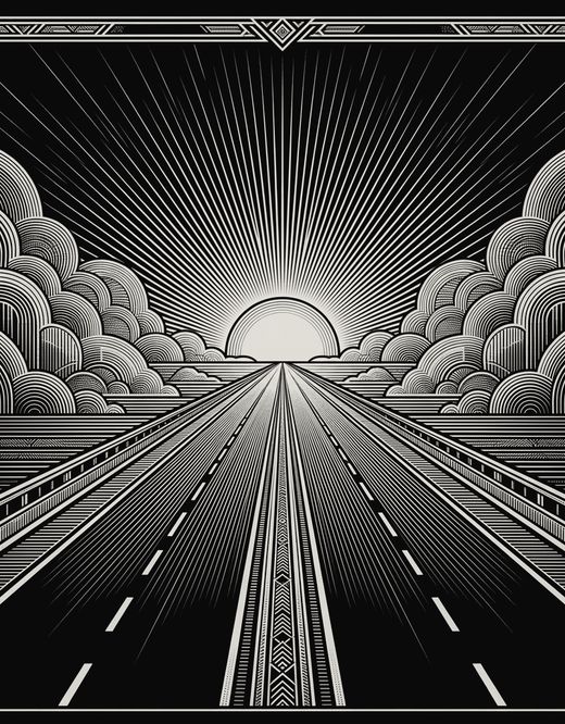 Engraved art deco road running toward a rising sun