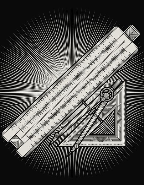 Engraved art deco slide rule with drafting instruments