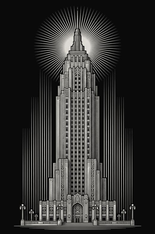 Engraved art deco skyscraper crowned with a sunburst
