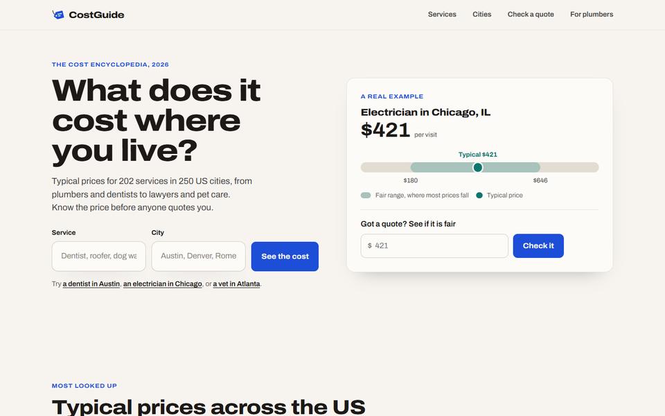 Home page of CostGuide, costguide.app