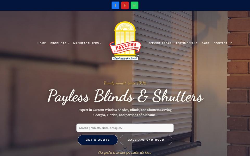 Home page of Payless Blinds & Shutters, paylessblindsandshutters.com